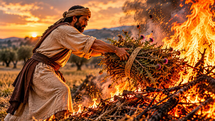 Fototapeta premium The harvesters gather the weeds, tie them into bundles, and burn them.