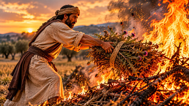 The harvesters gather the weeds, tie them into bundles, and burn them.