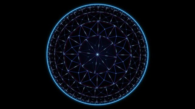 Neon blue futuristic mandala with geometric wireframe patterns and glowing star in dark space