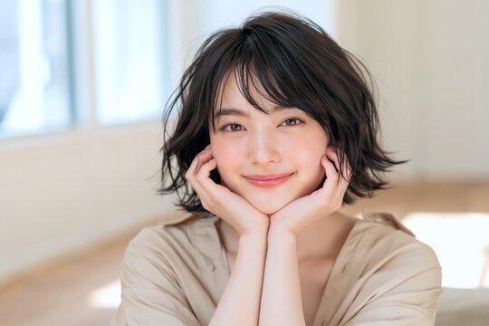 自信に満ちた笑顔が素敵なショートヘア日本人女性のポートレート