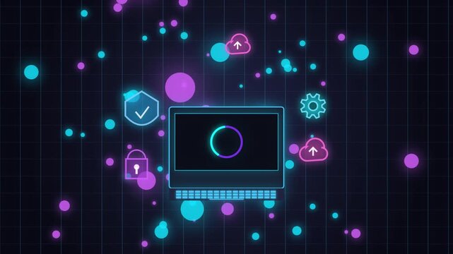Neon computer screen with glowing icons and floating data particles in a dark digital network space