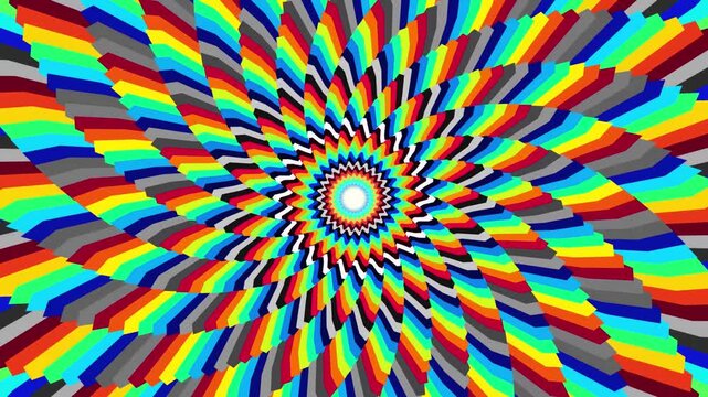 Psychedelic spiral tunnel animation with vibrant multi colored geometric patterns and glowing lights