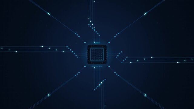 Quantum cpu microchip processor with glowing data streams and neon circuit board pathways