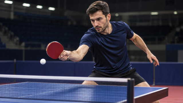Focused male athlete playing table tennis indoors during a competitive match. Concept of ping pong, table tennis player, sport. Copy space.