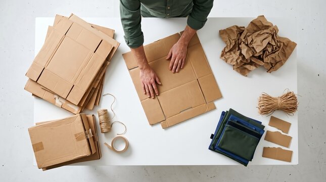 A person packing boxes with care, surrounded by shipping supplies and materials. The scene conveys a sense of organization and preparation for sending items out