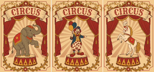 Set of three vintage circus posters featuring a performing elephant, a cheerful clown and a majestic white horse. Retro carnival illustrations with ornate decorative frames  © MoonS 