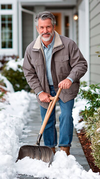 Smiling senior man clearing snow with a shovel from residential walkway outside home during cold winter weather