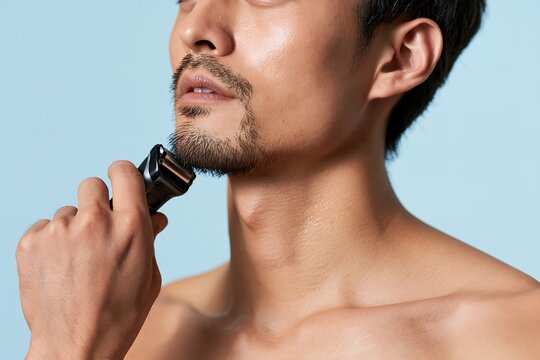 清潔感ある日本人男性が電動シェーバーでひげを剃る美容ルーティン