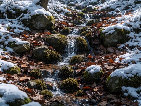 Small stream flows through snowy forest terrain. Meltwater trickles over mossy rocks, brown autumn leaves. Winter landscape with icy rivulets, frozen ground in mountain woods. Cold seasonal nature