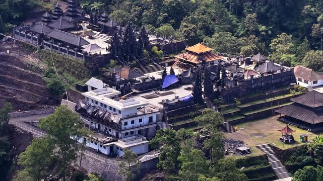 Terraced Pavilions And Split Gates Of Pura Pasar Agung Hindu Temple On Mount Agung In Sidemen, Karangasem, Bali, Indonesia. - aerial shot
