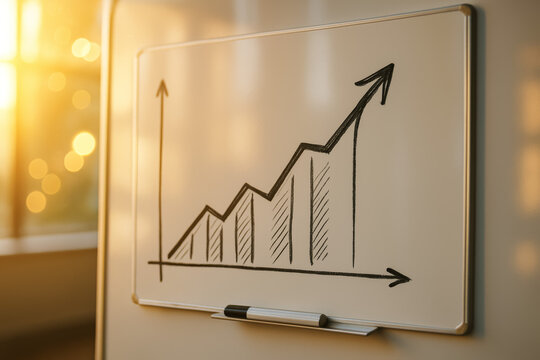 Rising chart and upward arrow drawn on an office whiteboard