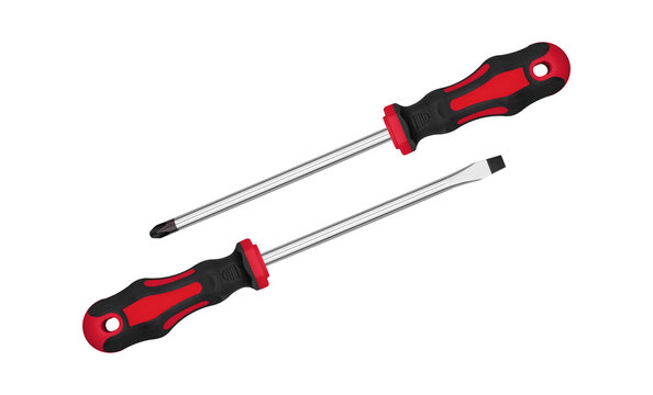 High Red quality hand tools isolated on white backdrop. Rubber grip screwdrivers asset for technical maintenance, handyman service, and renovation layout