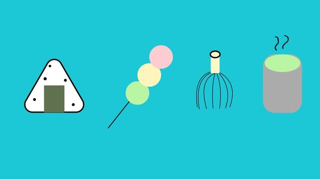 Animated Japanese Food Set on Blue Background