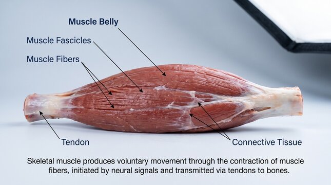 Skeletal muscle anatomy diagram showing muscle belly fibers fascicles