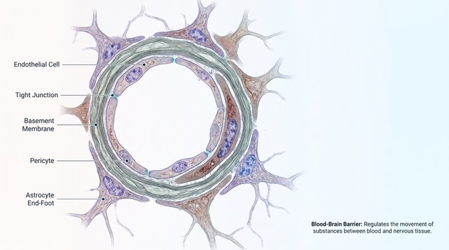 Scientific diagram of blood brain barrier microstructure showing