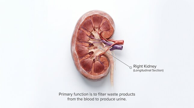 Anatomical cross section of human right kidney showing internal