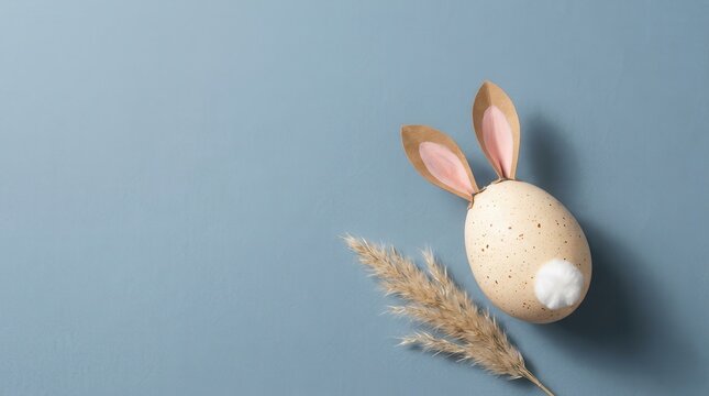 Speckled Easter egg with pink paper rabbit ears, fluffy cotton tail and dry grass stem, cute handmade spring holiday craft decoration