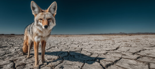 Fototapeta premium Fox standing on a cracked dry plain under blue sky