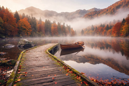 Matin brumeux d'automne sur un lac de montagne calme avec un ponton en bois menant &agrave; une barque amarr&eacute;e, for&ecirc;ts aux feuillages orange et rouges flamboyants, brouillard l&eacute;ger et collines lointaines au 