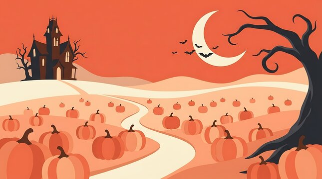 Halloween landscape with a haunted house, pumpkin patch, and a crescent moon in a spooky orange night sky
