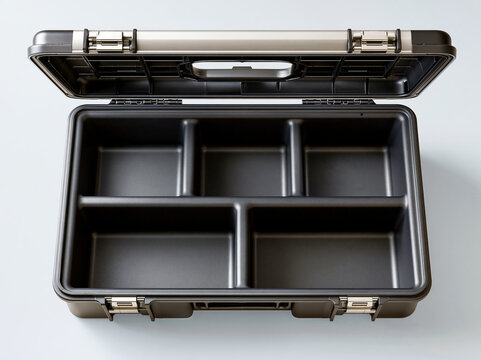 Empty black plastic tool box with open lid and multiple internal compartments with silver metal latches isolated on a clean bright background organization concept