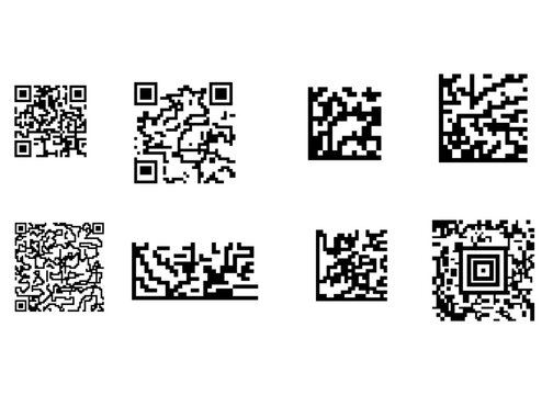 eight different types of two dimensional 2D matrix barcodes, QR Code, Data Matrix, Cool Data Matrix, Aztec Code, Trillcode, Quickmark, Shotcode, mCode