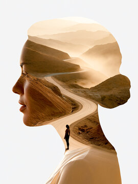 Double exposure portrait of a woman profile combined with a winding mountain road landscape and a small silhouette standing alone psychological journey concept