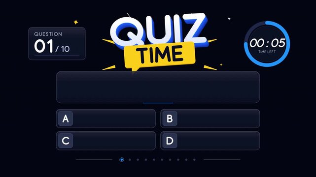 Modern quiz time interface with question panel, answer cards, circular countdown timer and correct answer reveal for educational or game show. 4K