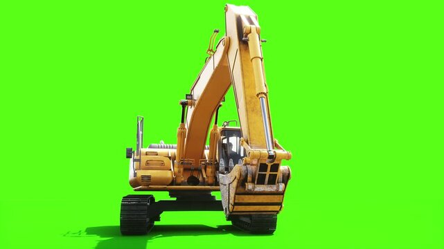Heavy Tracked Excavator with Bucket Moving on Green Screen, Animated Construction Machinery and Crawler Tracks
