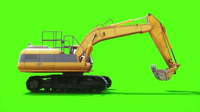 Heavy Tracked Excavator with Bucket Moving on Green Screen, Animated Construction Machinery and Crawler Tracks