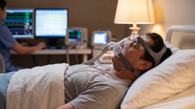 Man sleeps in a sleep study room wearing a CPAP mask while a technician monitors screens