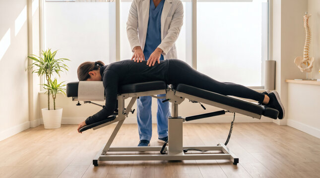 Chiropractor operates a flexion distraction table while treating a woman's lower back