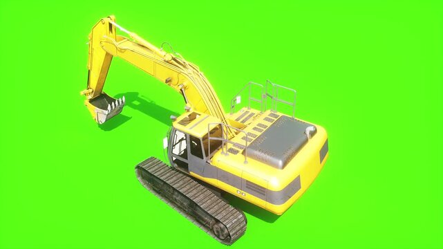 Heavy Tracked Excavator with Bucket Moving on Green Screen, Animated Construction Machinery and Crawler Tracks