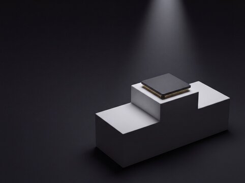 Computer chip alone on top of a white winners podium under a spotlight