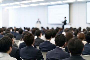Naklejka premium 大規模なビジネスセミナー会場で多くの人が学ぶ風景