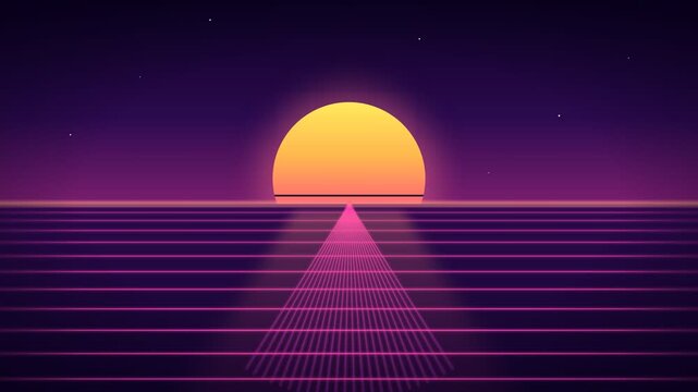 Retro 80s synthwave grid with neon sun and stars, seamless loop