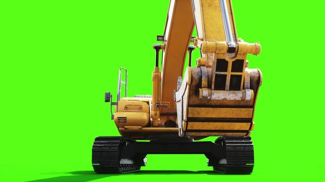 Heavy Tracked Excavator with Bucket Moving on Green Screen, Animated Construction Machinery and Crawler Tracks