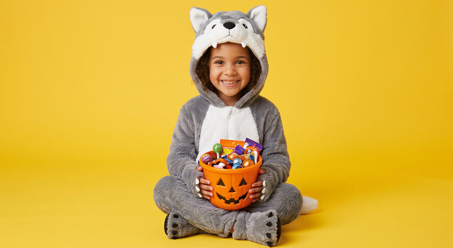 Cute child wearing wolf costume sitting and holding orange pumpkin bucket filled with candy, yellow background, looking at camera. Halloween, trick or treat, childhood, celebration.