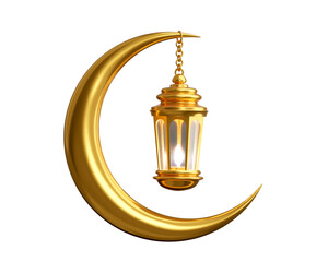 Golden Crescent Moon with Hanging Lantern. Islamic Ramadan and Eid Mubarak Decoration.  © Akebareee