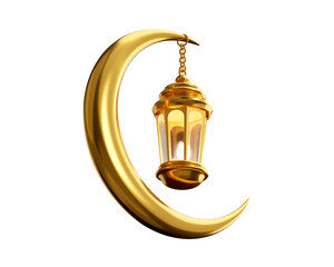 Golden Crescent Moon with Hanging Lantern. Islamic Ramadan and Eid Mubarak Decoration.  © Akebareee