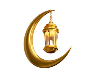 Golden Crescent Moon with Hanging Lantern. Islamic Ramadan and Eid Mubarak Decoration.  © Akebareee