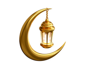 Golden Crescent Moon with Hanging Lantern. Islamic Ramadan and Eid Mubarak Decoration.  © Akebareee