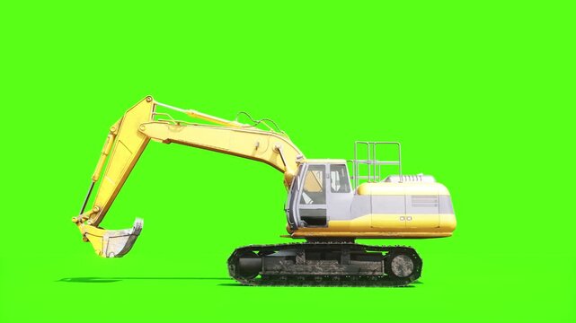 Heavy Tracked Excavator with Bucket Moving on Green Screen, Animated Construction Machinery and Crawler Tracks