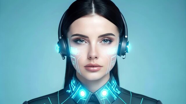 Close-up of a futuristic female android robot activating, opening her eyes, and looking calmly into the camera with cinematic lighting.