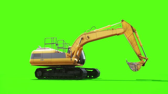Heavy Tracked Excavator with Bucket Moving on Green Screen, Animated Construction Machinery and Crawler Tracks
