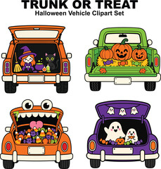 Cute Halloween Trunk or Treat Vehicle Clipart Set with Ghosts, Witch and Pumpkins © Asjad Ali Ranjha
