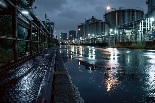 雨上がりの路面に反射する光が美しいインダストリアルな工場夜景