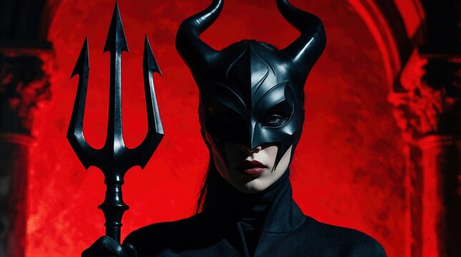 Mysterious woman in black horned mask holds sharp trident weapon. Dark devil costume character stands against bright red background. Fantasy creature silhouette with horns looks dramatic in