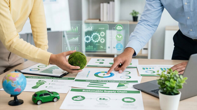 Business people discussing renewable energy growth and carbon footprint reduction on documents, holding moss ball over charts. Sustainability, ecology, corporate responsibility.