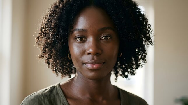 Close-up portrait of a beautiful young Black African woman with deep dark skin, natural curly hair, warm brown eyes, subtle makeup, looking directly at the camera with a confident expression.